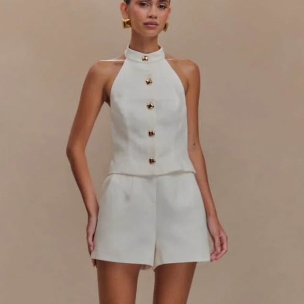 Meshki Cream Halter Top with Gold Buttons